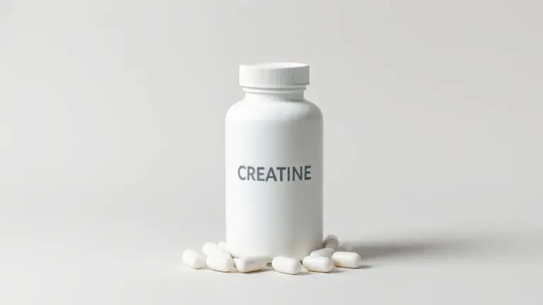 Um frasco branco minimalista e sem marca de creatina em cápsulas, com algumas cápsulas ao lado, em um fundo neutro, representando um guia sobre o suplemento.