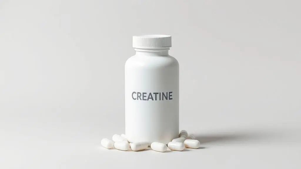 Um frasco branco minimalista e sem marca de creatina em cápsulas, com algumas cápsulas ao lado, em um fundo neutro, representando um guia sobre o suplemento.