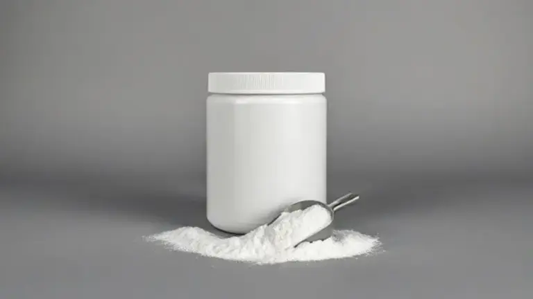 Pote de creatina sem marca e um medidor com o pó branco, ilustrando o debate se a creatina emagrece ou engorda e seus efeitos no corpo.