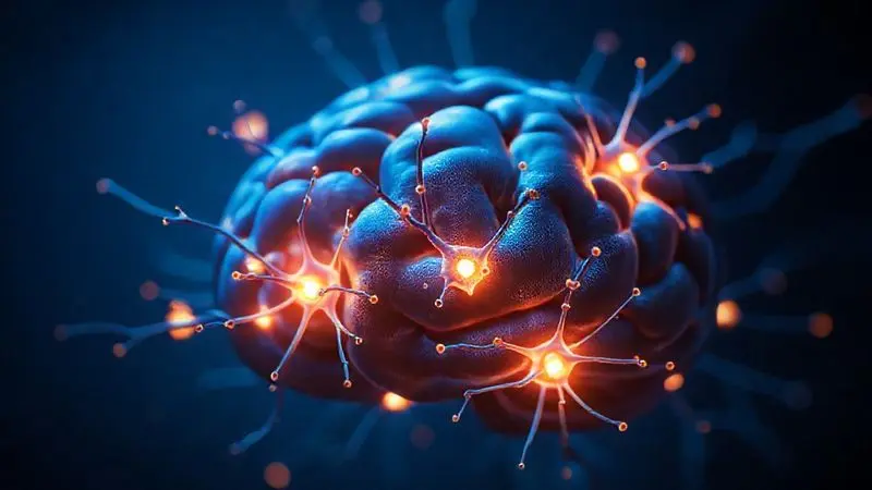 Visualização de neurônios cerebrais com sinapses brilhantes, representando o papel da creatina na energia cerebral e neuroproteção.