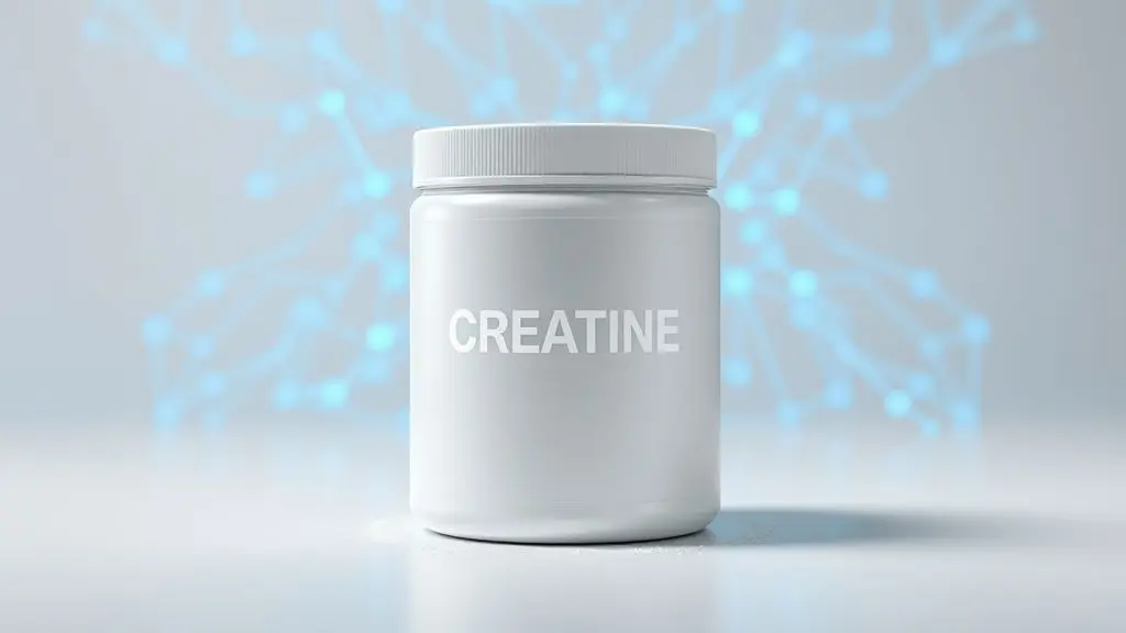 Pote de creatina em pó sem marca posicionado em frente a uma ilustração de neurônios, representando a relação entre o suplemento, a saúde do cérebro e a epilepsia.