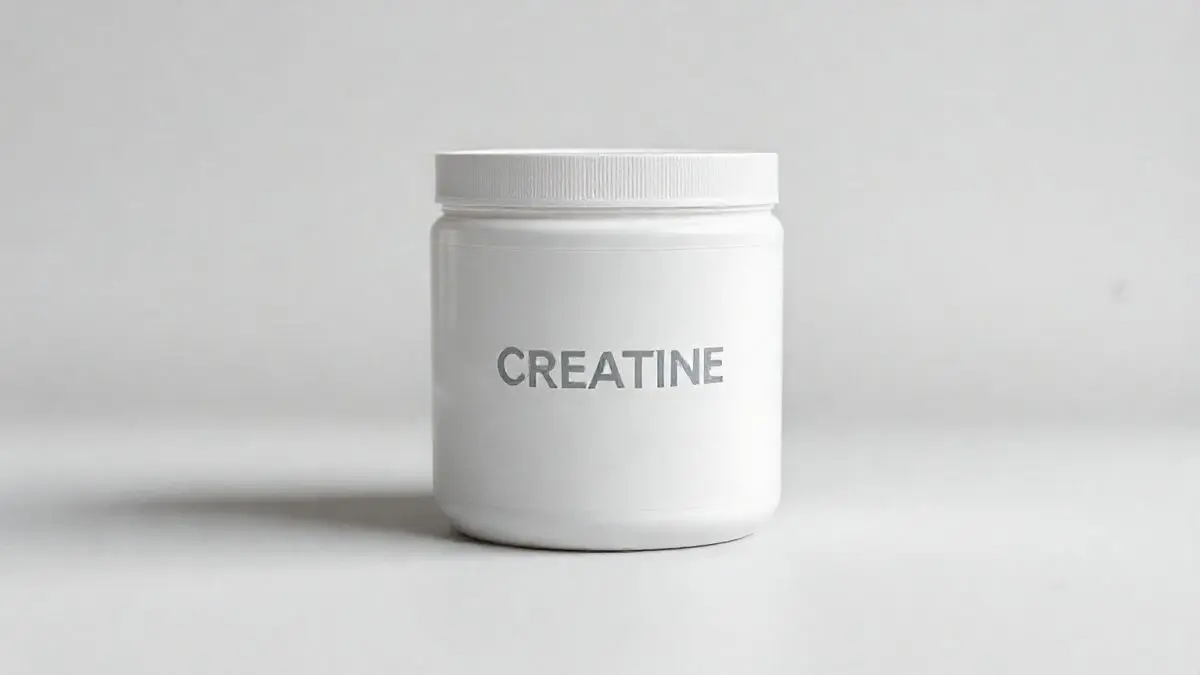 Pote de Creatina Equaliv em destaque sob iluminação de estúdio profissional, ilustrando o suplemento de alta qualidade para performance física.