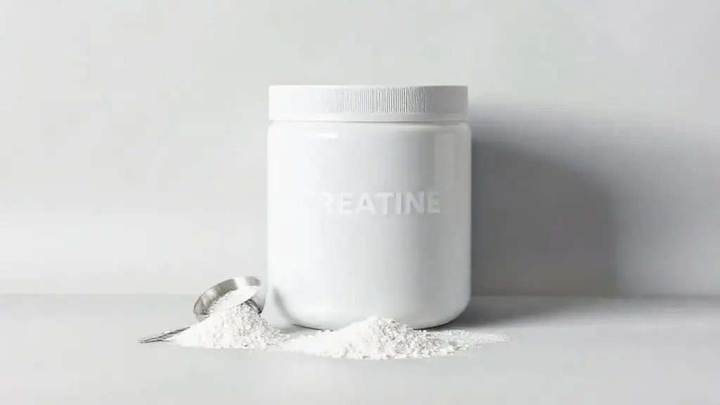 Pote de creatina em destaque sobre uma superfície limpa, ilustrando uma análise completa do suplemento, seus benefícios e se a marca é confiável.