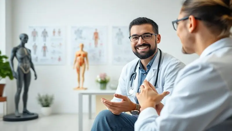 Pessoa em uma consulta com um profissional de saúde discutindo os possíveis efeitos colaterais e a segurança do uso de creatina.