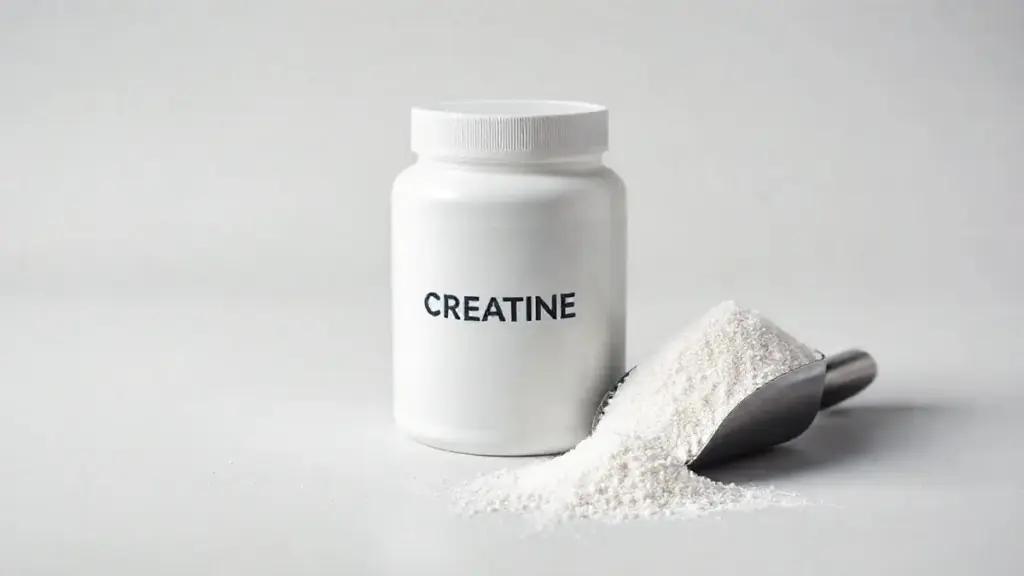 Pote de creatina com um dosador ao lado, representando o suplemento e a discussão sobre seu uso, benefícios e os efeitos nos rins.