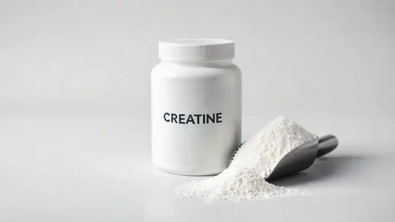 Pote de creatina com um dosador ao lado, representando o suplemento e a discussão sobre seu uso, benefícios e os efeitos nos rins.