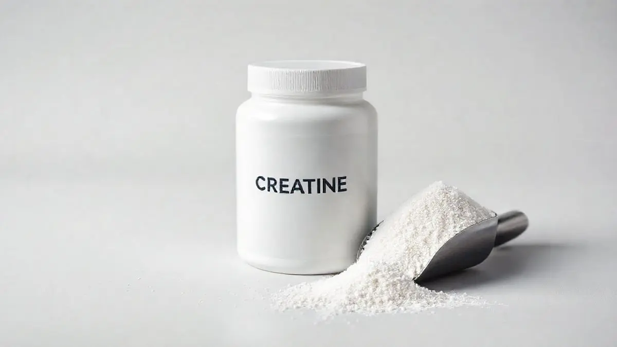Pote de creatina com um dosador ao lado, representando o suplemento e a discussão sobre seu uso, benefícios e os efeitos nos rins.