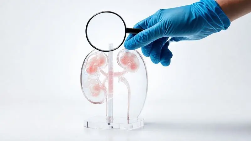 Modelo anatômico de rins humanos sendo examinado com uma lupa por um cientista, representando a análise científica sobre se a creatina faz mal para os rins.