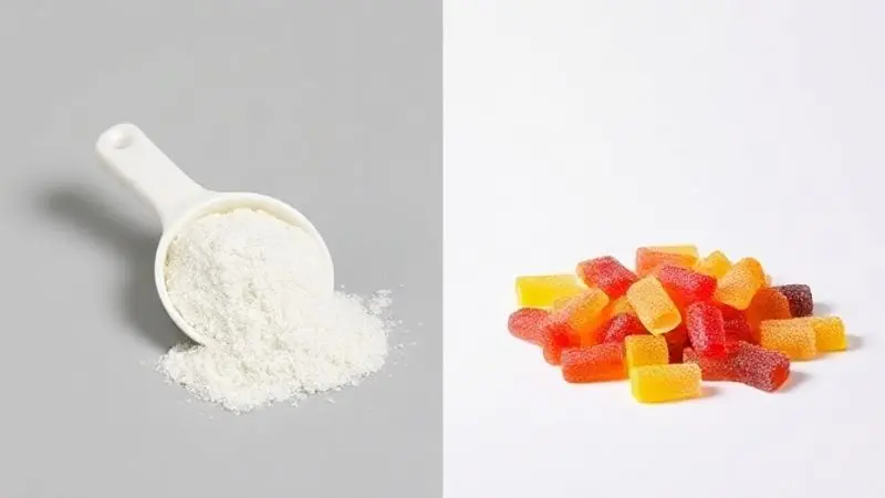 Comparativo visual entre a creatina em pó, mostrada em um medidor branco, e a creatina em goma, com várias gomas coloridas ao lado.