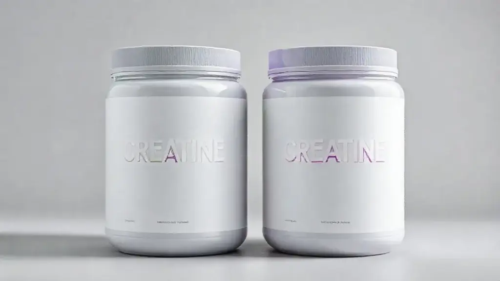 Dois potes de creatina sem marca, um com detalhes verdes e outro roxos, lado a lado para comparação entre a versão monohidratada e a Creapure.