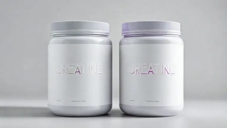 Dois potes de creatina sem marca, um com detalhes verdes e outro roxos, lado a lado para comparação entre a versão monohidratada e a Creapure.