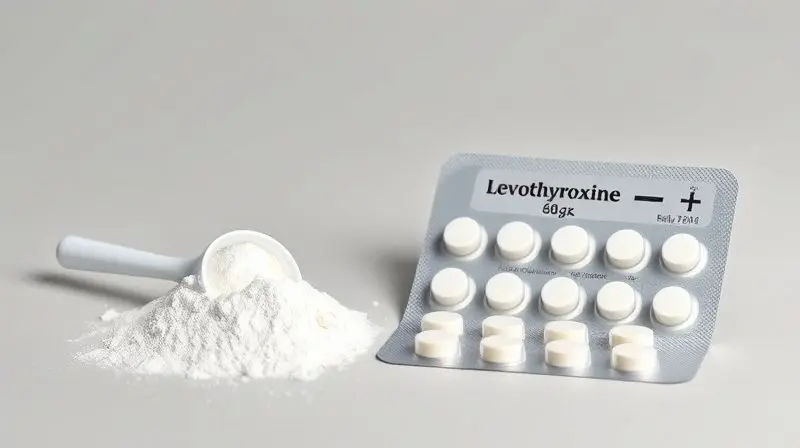 Uma colher de creatina ao lado de uma cartela de comprimidos, ilustrando a questão da interferência entre o suplemento e o medicamento para tireoide.