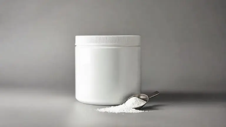 Pote de creatina sem marca e um dosador com o pó branco do suplemento em um fundo de estúdio, representando uma análise completa do produto.