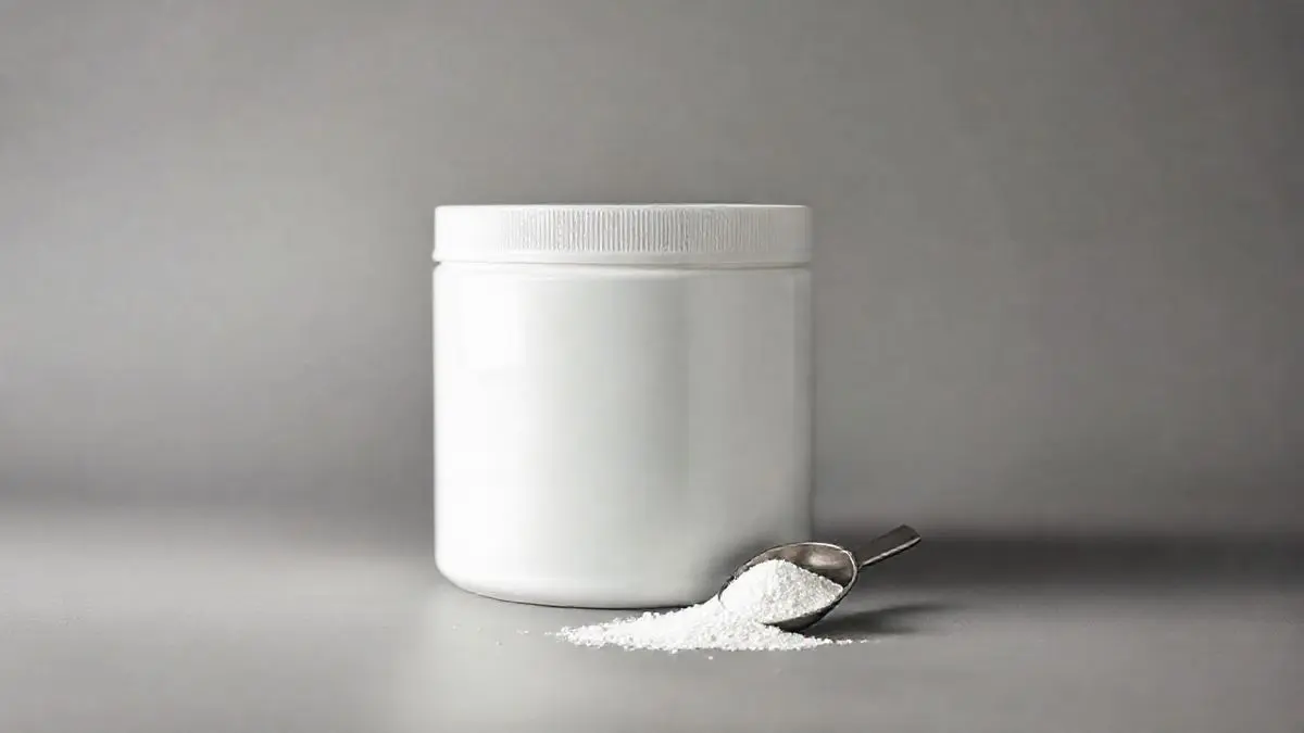 Pote de creatina sem marca e um dosador com o pó branco do suplemento em um fundo de estúdio, representando uma análise completa do produto.