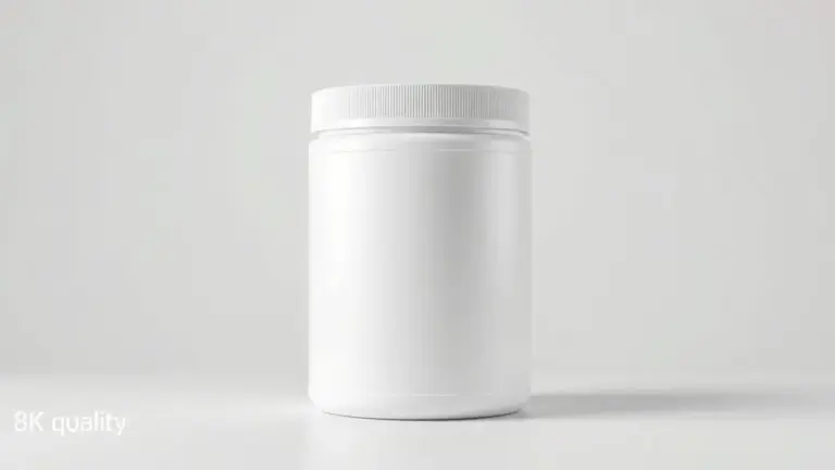 Pote de creatina monohidratada de alta pureza com um dosador sobre uma superfície limpa, representando a qualidade do suplemento para ganho de força.