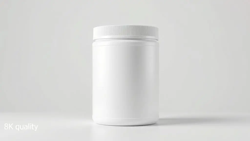 Pote de creatina monohidratada de alta pureza com um dosador sobre uma superfície limpa, representando a qualidade do suplemento para ganho de força.