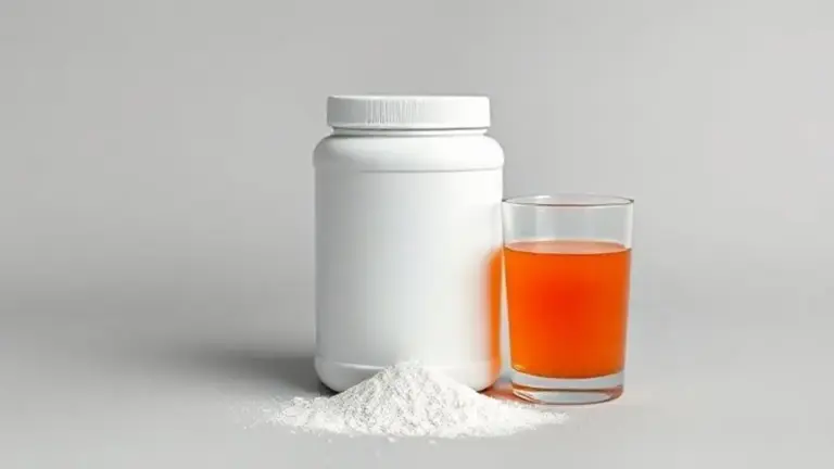 Um pote de creatina e um copo com a bebida Morning Shot Renova Be em um fundo de estúdio, representando a análise completa do suplemento.