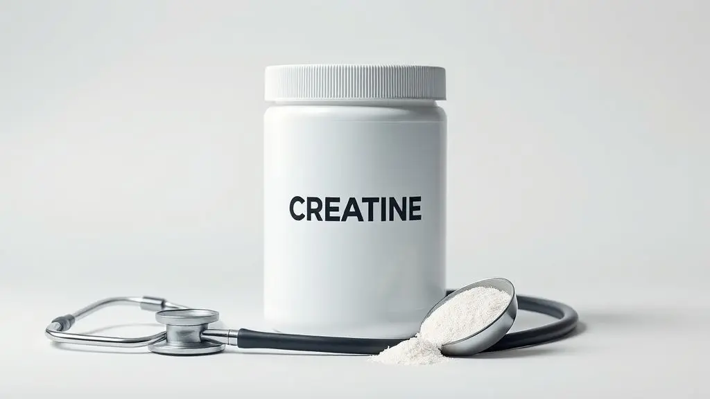 Pote de creatina sem marca ao lado de um estetoscópio médico, simbolizando a discussão sobre o uso seguro do suplemento por crianças e adolescentes.