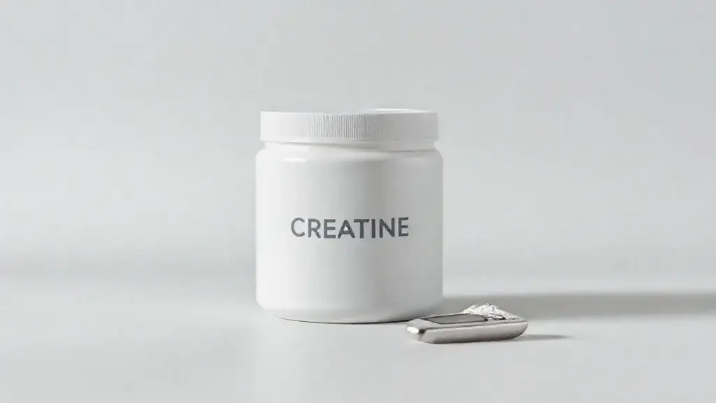 Pote de creatina sem marca ao lado de um glicosímetro, ilustrando o uso do suplemento por diabéticos para controle glicêmico e melhora da saúde.