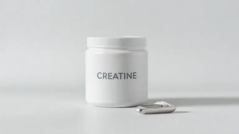 Pote de creatina sem marca ao lado de um glicosímetro, ilustrando o uso do suplemento por diabéticos para controle glicêmico e melhora da saúde.