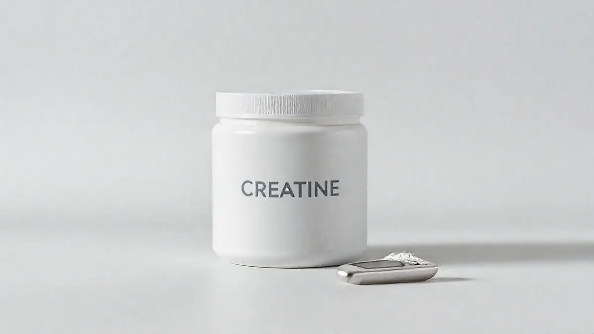 Pote de creatina sem marca ao lado de um glicosímetro, ilustrando o uso do suplemento por diabéticos para controle glicêmico e melhora da saúde.