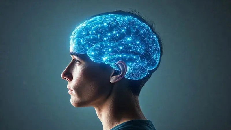 Imagem conceitual de um cérebro com redes neurais ativas, simbolizando a contribuição da creatina para o funcionamento cerebral e a clareza mental.