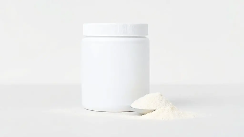 Pote de creatina sem marca e um medidor com o pó branco, ilustrando a suplementação para pacientes com câncer em um fundo de estilo clínico.