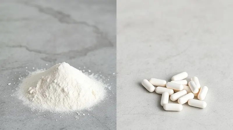 Comparativo visual entre a creatina em pó, com um dosador, e a creatina em cápsulas, lado a lado sobre uma superfície neutra.