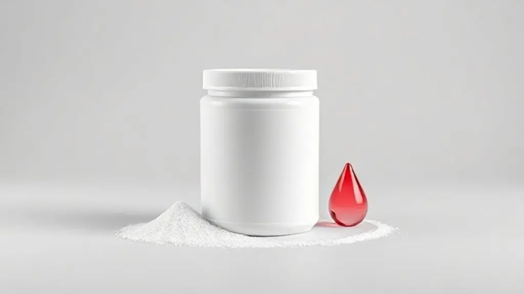 Imagem conceitual mostrando um pote de creatina ao lado de um símbolo de gota de sangue, ilustrando a relação entre o uso de creatina e a doação de sangue.