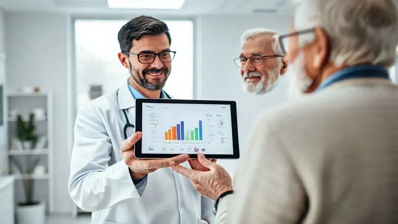 Médico conversando com um paciente idoso sobre a segurança da creatina e seus possíveis efeitos, destacando a importância da consulta médica.