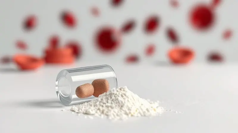 Imagem conceitual mostrando a relação entre creatina em pó e uma cápsula de suplemento de ferro, abordando a segurança para quem tem anemia.