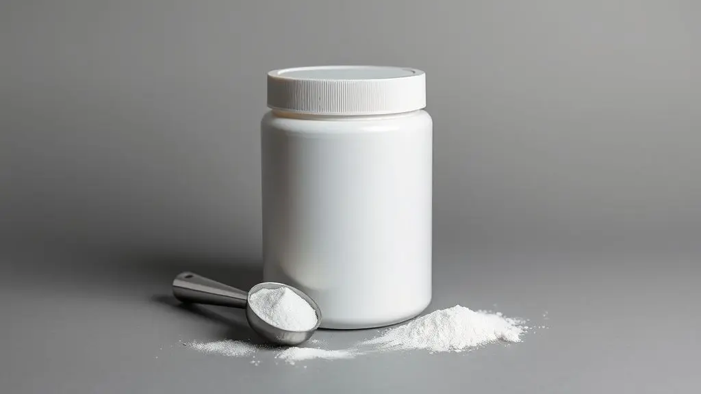 Pote de creatina em destaque para análise da marca TopWay. A imagem mostra o produto em um ambiente de estúdio, com foco na sua qualidade e pureza.