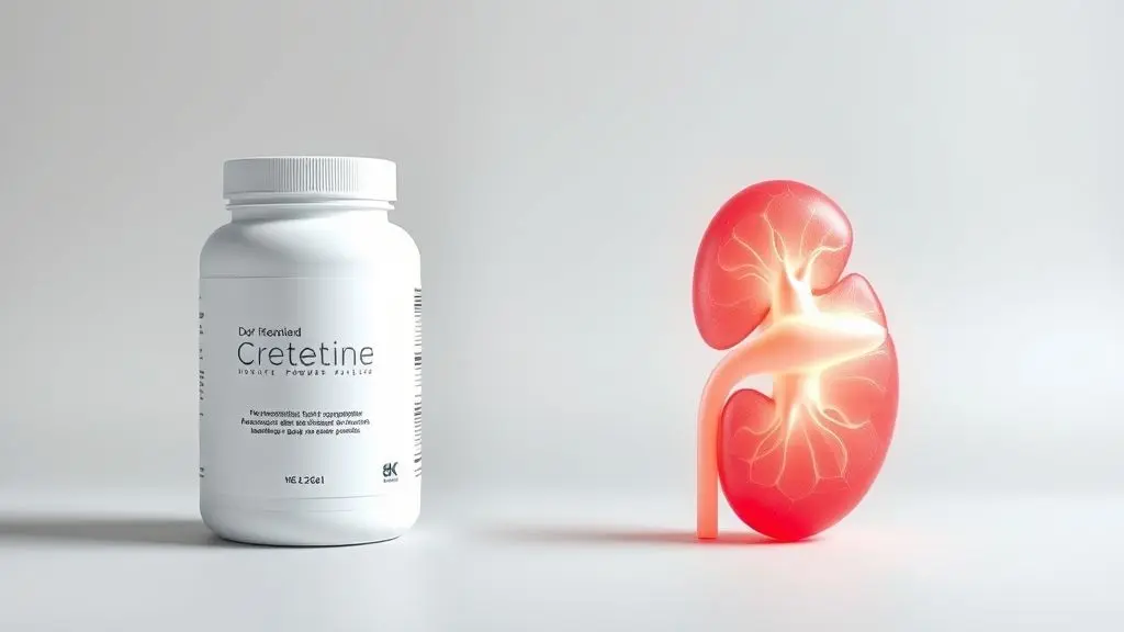 Um pote de creatina em pó sem marca ao lado de um modelo de um rim saudável, ilustrando a relação entre o suplemento e a creatinina para a saúde renal.