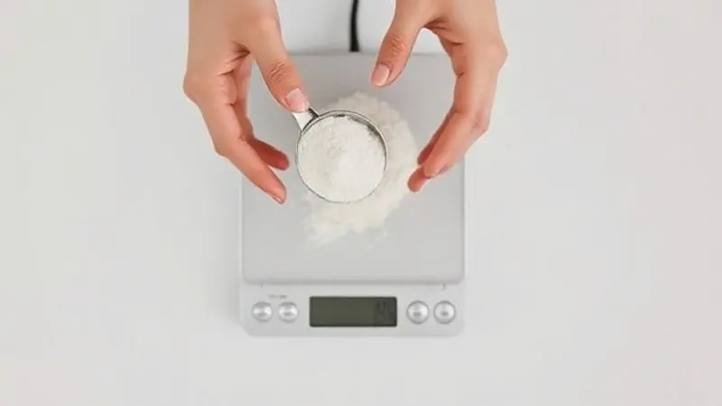 Pessoa medindo com precisão uma dose de suplemento em pó em uma balança digital, simbolizando os cuidados necessários ao suplementar.