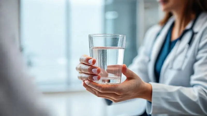 Paciente conversando com um profissional de saúde em um consultório, destacando a importância da orientação médica sobre os riscos e cuidados ao usar creatina.
