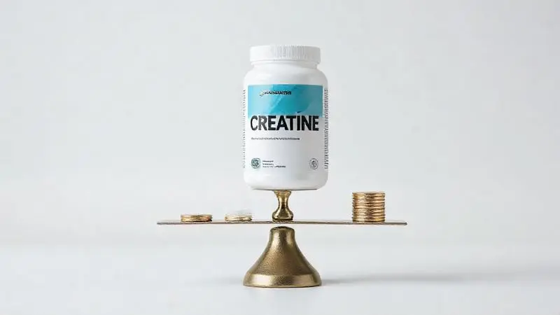 Balança equilibrando um pote de creatina de um lado e moedas do outro, representando a análise de custo-benefício do suplemento.