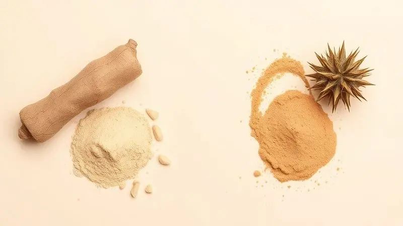 Comparativo visual lado a lado entre a raiz e o pó da Maca Peruana e o fruto e o pó do Tribulus Terrestris.