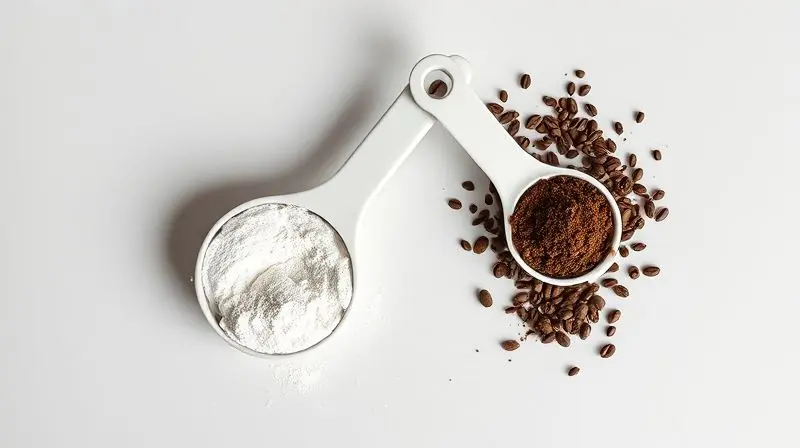Colheres de medida com creatina em pó e café, representando a importância da dosagem correta de cada suplemento.