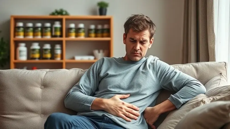 Pessoa com desconforto abdominal sentada em um sofá, ilustrando os efeitos adversos de suplementos no sistema digestivo.
