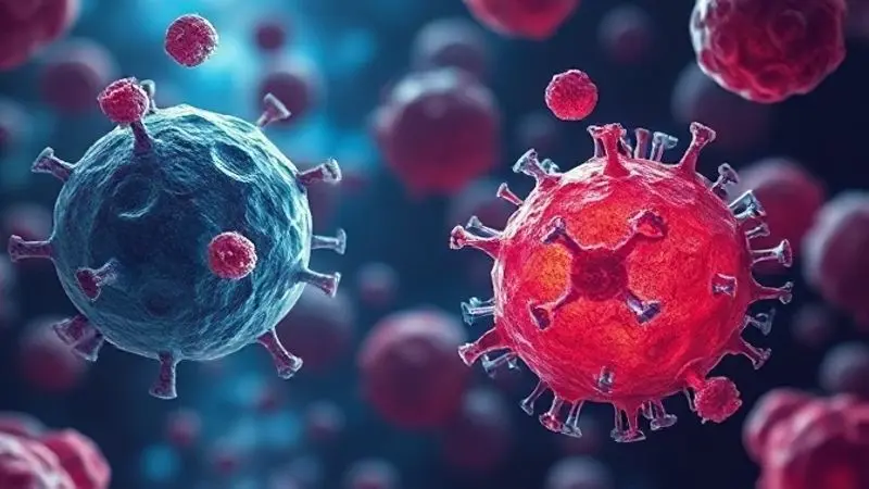 Visão microscópica conceitual de células saudáveis fortalecidas e células tumorais enfraquecidas, mostrando o efeito antitumoral da creatina.