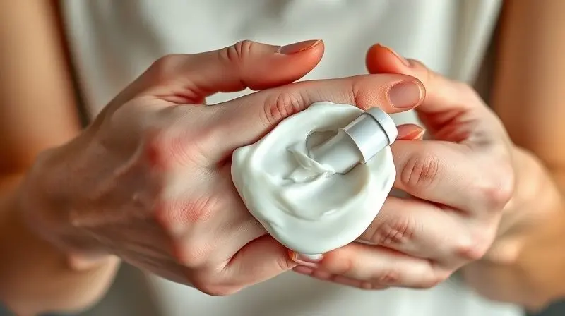 Mãos com pele visivelmente seca aplicando um creme hidratante, representando um dos efeitos colaterais comuns do Roacutan, como o ressecamento da pele.