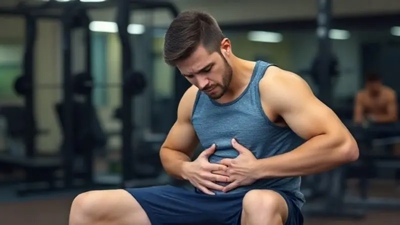 Ilustração dos possíveis efeitos colaterais do bicarbonato de sódio, mostrando um atleta com desconforto gástrico em um ambiente de academia.