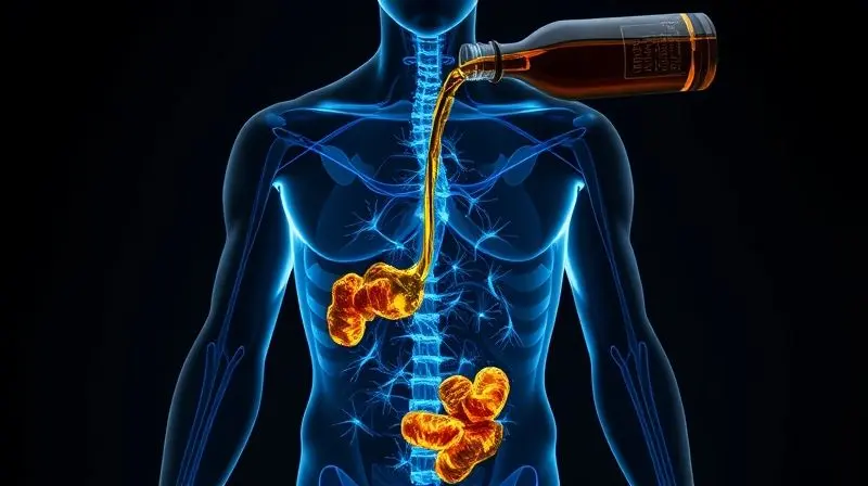 Ilustração conceitual do corpo humano mostrando o efeito do álcool diminuindo a energia nos músculos, representando a interação com a creatina.