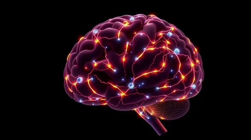 Imagem conceitual de um cérebro com neurônios brilhantes, ilustrando os efeitos benéficos da creatina na saúde e função cerebral.