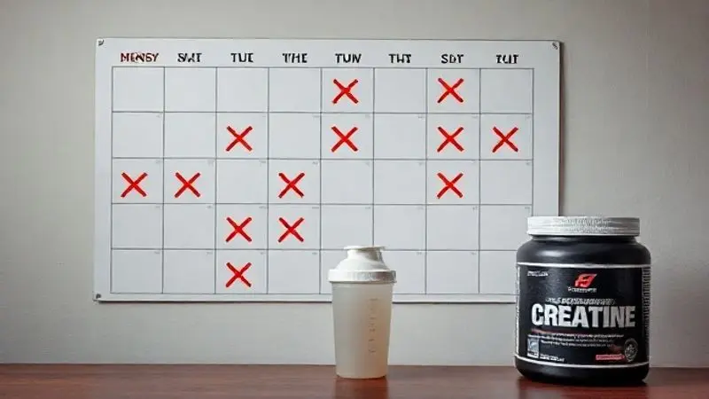 Calendário com vários dias marcados mostrando o esquecimento da dose de creatina e o que acontece ao pular a suplementação por um período.