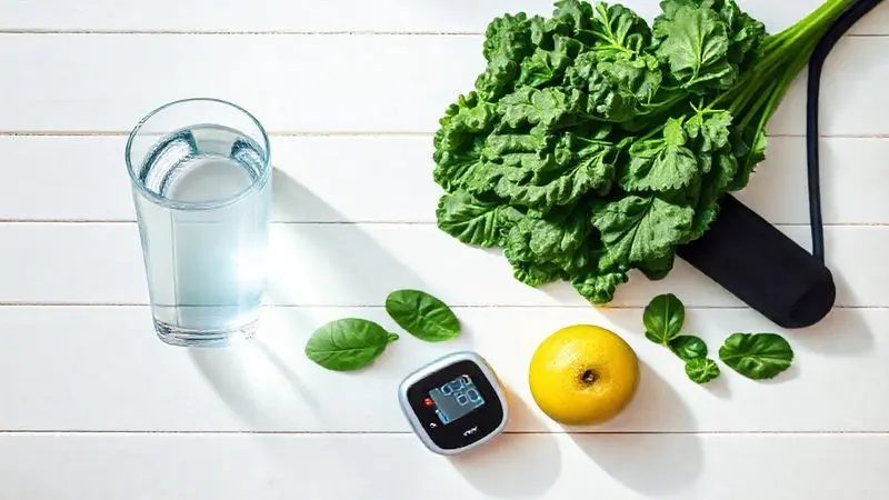 Composição de itens que simbolizam um estilo de vida saudável para manter os níveis de creatinina equilibrados, incluindo água, vegetais e hidratação.