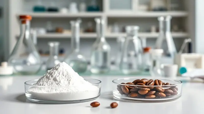 Ambiente de laboratório com creatina e grãos de café sendo analisados, ilustrando os estudos científicos sobre a combinação dos suplementos.