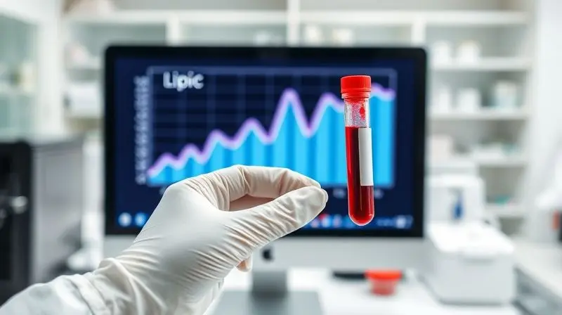 Cena de laboratório com amostra de sangue e gráfico de perfil lipídico ao fundo, simbolizando estudos sobre creatina e colesterol.
