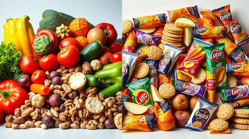 Comparativo visual entre alimentos frescos e saudáveis à esquerda e alimentos ultraprocessados à direita, que devem ser evitados na dieta do lipedema.