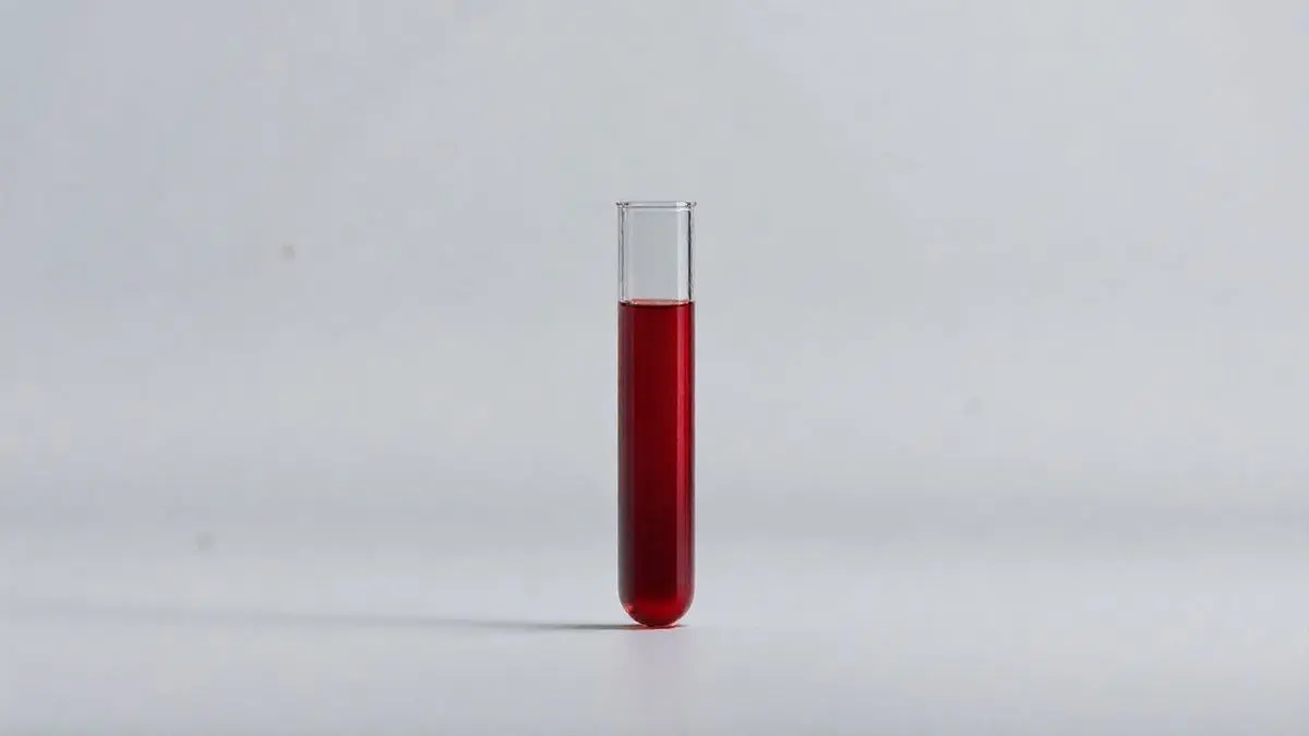 Tubo de ensaio com amostra de sangue para um exame de creatinina, representando a importância do monitoramento da saúde renal.